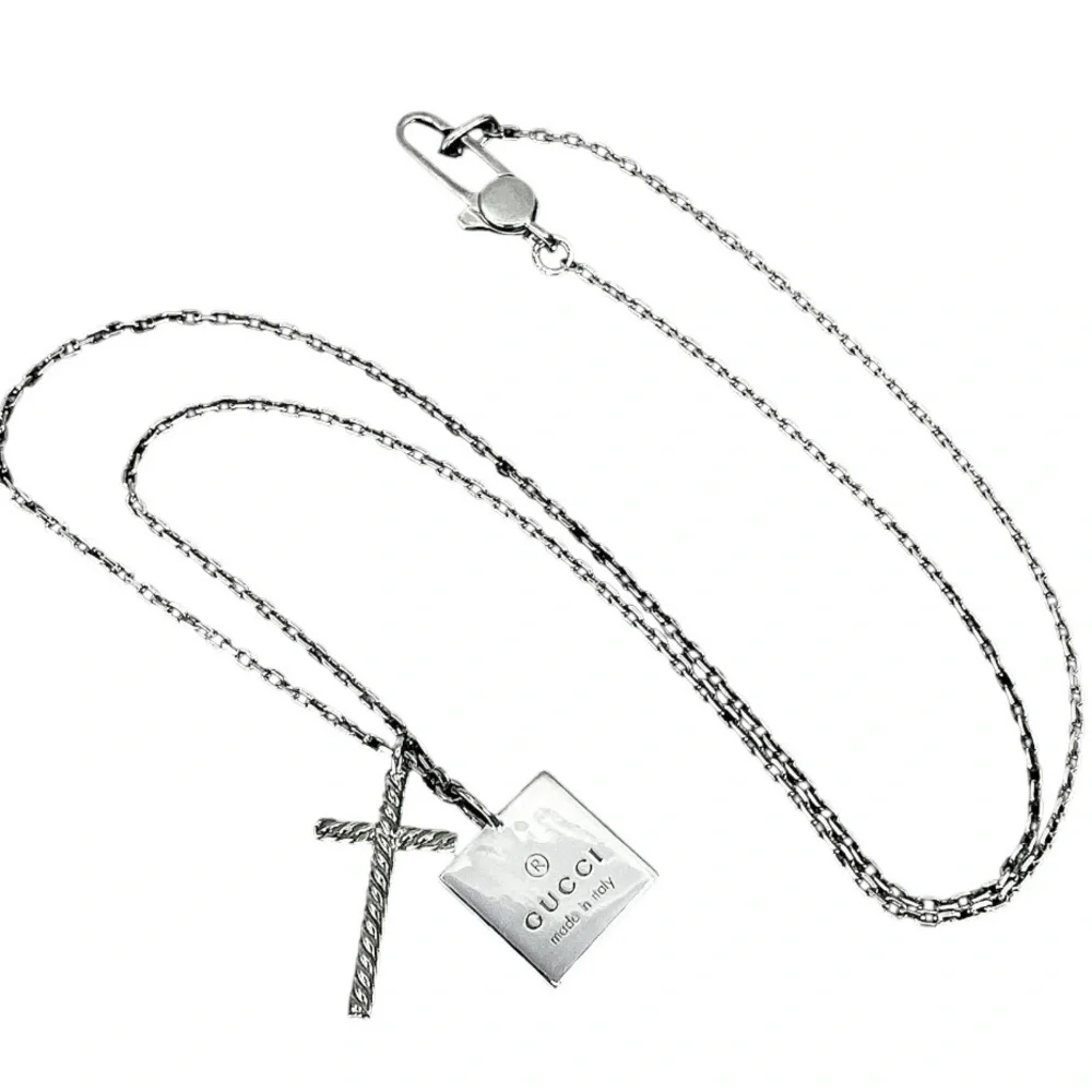 Gucci Sterling Silver Cross & Logo Tag Pendant Necklace - Box Included - Picture 7 of 9